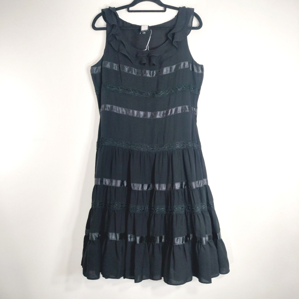 Due Per Due Black Midi Dress; Silk Ruffle Lace Satin Trim Sleeveless Lined